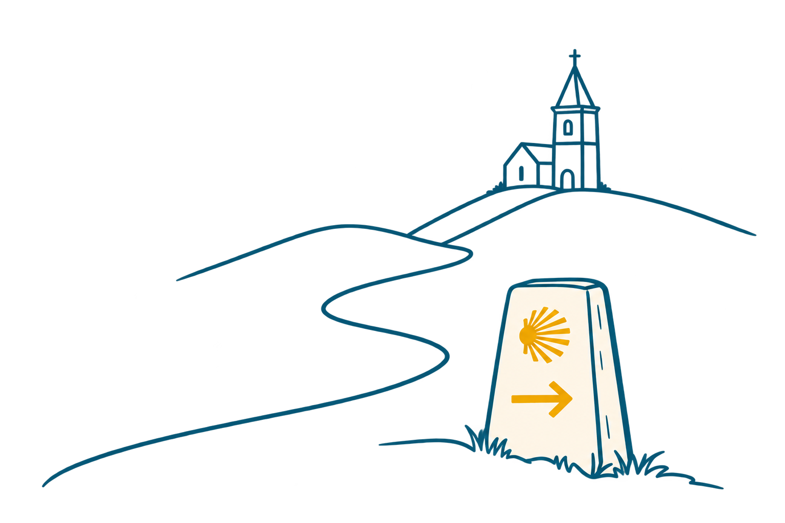 Ilustración del Camino de Santiago: colinas, una iglesia, un mojón con flecha y concha