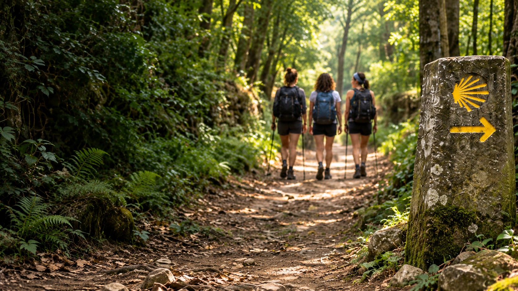 Tres personas caminando por un sendero boscoso del Camino de Santiago, junto a un mojón con la concha amarilla y una flecha señalando el sendero