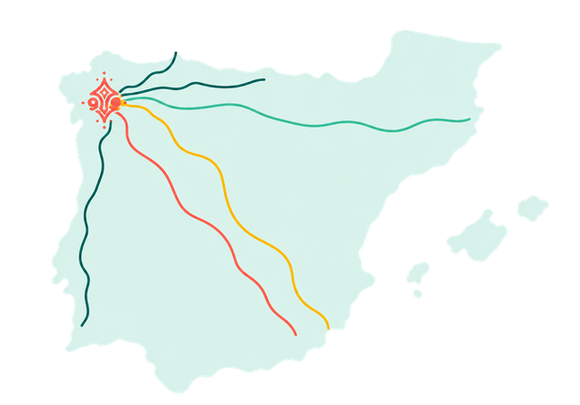 Mapa ilustrado con las rutas del Camino de Santiago convergiendo en Santiago de Compostela
