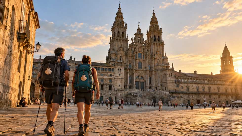 Dos peregrinos con mochilas llegando a la plaza del Obradoiro frente a la catedral de Santiago de Compostela al atardecer