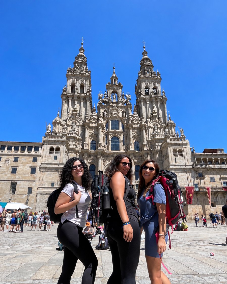Less, Raquel y Fran con sus mochilas frente a la Catedral de Santiago de Compostela